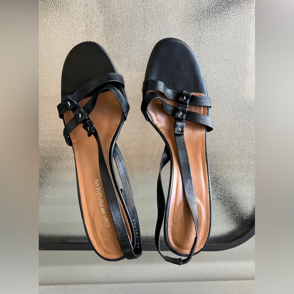 Emporio Armani Soft Black Leather Sling Back 3” Heels Sz 39 / US 9